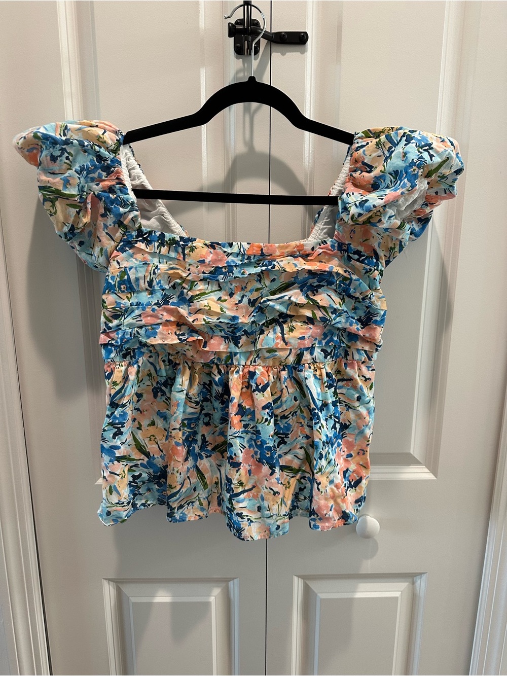 Abercrombie & Fitch Floral Puff-Sleeve Square Neck Top Blue & Peach 100% Cotton
